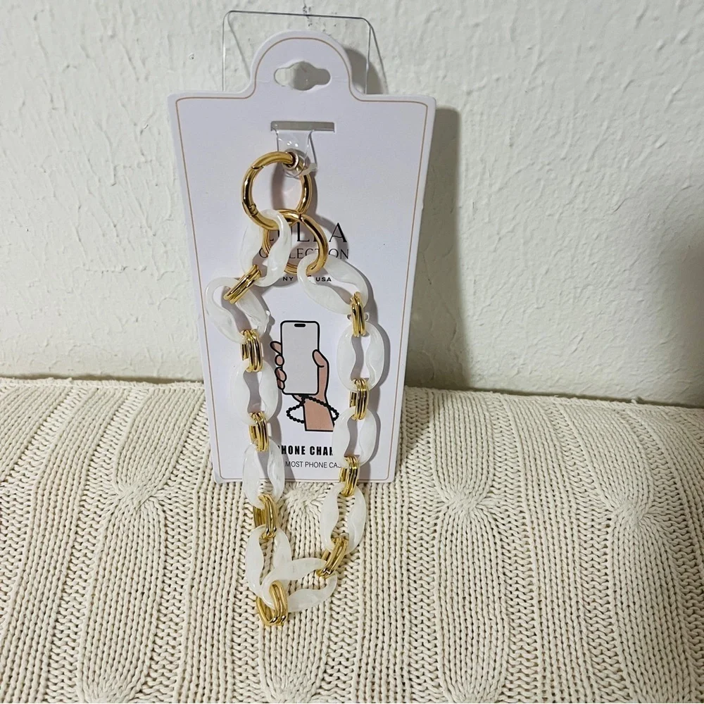LULLA COLLECTION NEW ACRYLIC PHONE LINK CHAIN WHITE & GOLD STYLISH